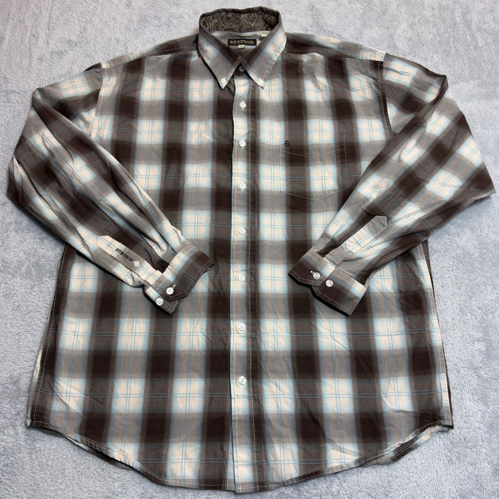 Stetson Button Down Shirt Mens XL Brown Blue Plaid Cotton Western Long Sleeve